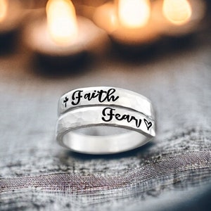 Faith over Fear, Wrap Ring, Christian Ring, Cross Ring, Inspirational Motivational Jewelry, Adjustable, Personalized, Minimalist, Skinny