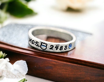Police Wife Badge Ring, Badge Number, Personalized, Mrs. Police Badge, Stacking, Police Officer, Thin Blue Line, Skinny, Gift, Back the Blue