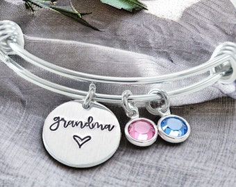 Grandma Mom Bracelet, Charm Birthstone, Grandkids, Personalized Name Bangle, Mother Gift her, Wire Bangle Adjustable, Mimi Gigi Grandmother