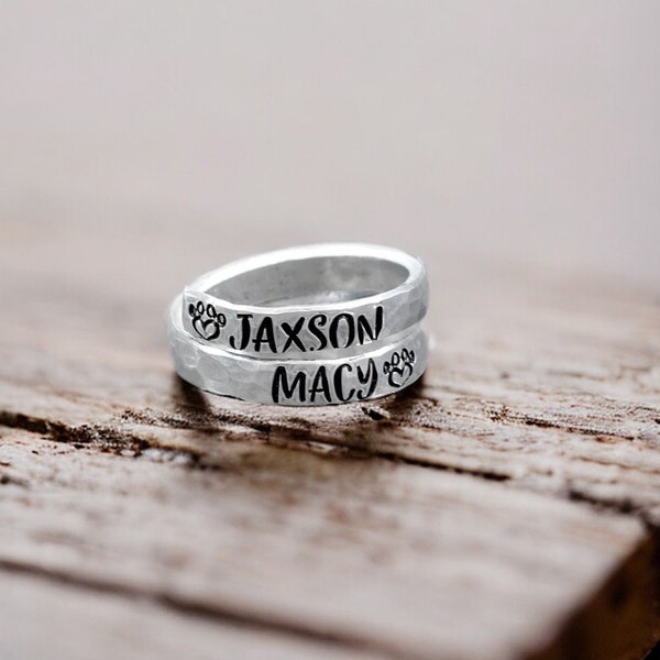 Pet Personalized Ring - Stacking Ring - Dog Cat Pet Ring - Adjustable Wrap Ring - Skinny Ring - Paw Print - Two Name Ring