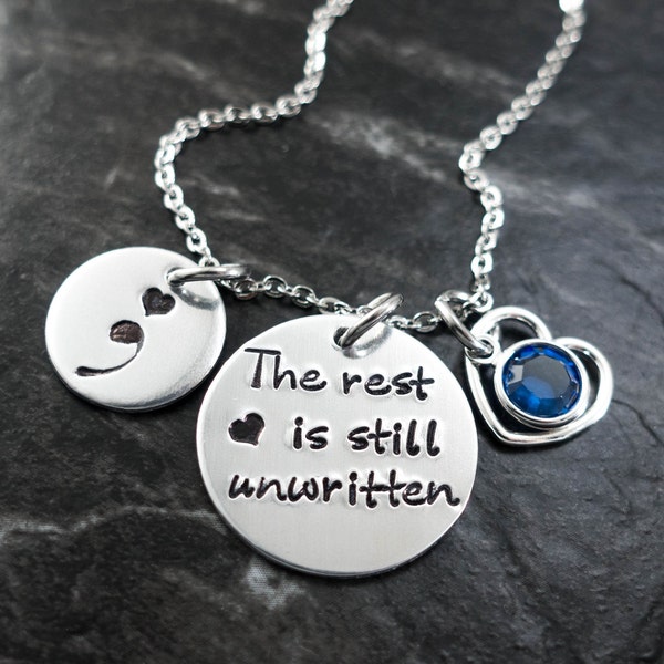 Semicolon Jewelry - Charm Necklace - Semicolon Necklace - The rest is still unwritten -Suicide Awareness - Personalized - Hand Stamped