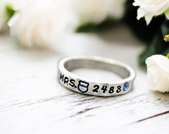 Police Wife Badge Ring, Badge Number, Personalized, Mrs. Police Badge, Stacking, Police Officer, Thin Blue Line, Skinny, Gift, Back the Blue