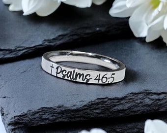 Bible Verse Ring, Scripture Ring, Cross, Faith Hope, Psalms 46:5, Skinny Stacking, Inspirational Ring, Minimalist, Engraved, Christian Ring