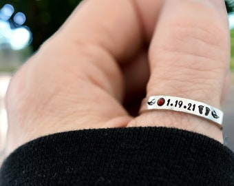 Personalized Name Date Memorial Ring, Stacking Ring, Angel Wings, Baby Feet, Skinny Ring, Miscarriage Jewelry, Infant Child Loss