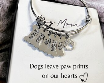 Dog Mom Bracelet - Dog mama Personalized Bangle Bracelet - Dog Jewelry - Paw Print - Pet Memorial - Angel Wing - Dog Bone Charm - Pet Gift