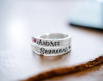 Mom Grandma Ring, Personalized Name Ring, Mother's Wrap Ring, Birthstone Name, Adjustable, Two Name Ring, Mama, Anti-tarnish, Kids Name Ring