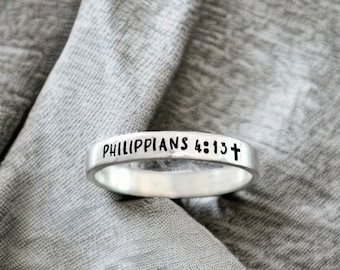 Bible Verse Ring, Christian Jewelry, Scripture Ring, Cross Ring, Faith, Philippians 4:13, Skinny Stacking Ring, Inspirational, Minimalist