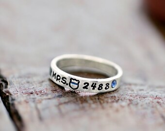 Police Wife Ring, Badge Ring Number, Personalized, Mrs., Police Badge, Stacking, Police Officer, Thin Blue Line, Skinny, Gift, Back the Blue