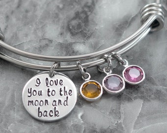 Moon and Back Bracelet, Charm Bracelet, Je t'aime à la lune et le dos Cadeau, Birthstone Wire Bangle, Maman, Grand-mère, Nana, Mimi