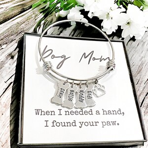 Personalized Dog Bracelet - Dog Mom Bangle Bracelet - Dog Jewelry - Paw Print - Pet Memorial - Angel Wing - Dog Bone Charm - Pet Gift