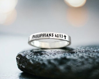 Christian Jewelry, Bible Verse Ring, Scripture Ring, Cross Ring, Faith, Philippians 4:13, Skinny Stacking Ring, Inspirational, Minimalist