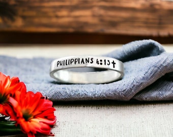 Bible Verse Ring, Christian Jewelry, Scripture Ring, Cross Ring, Faith, Philippians 4:13, Skinny Stacking Ring, Inspirational, Minimalist