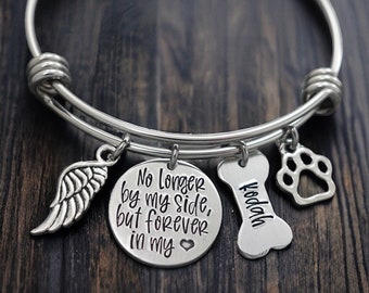 Pet Loss Memorial Jewelry Bracelet,  Personalized Dog Loss Bangle, No longer by my side, but forever in my heart, Loss of Pet Gift, Fur mama