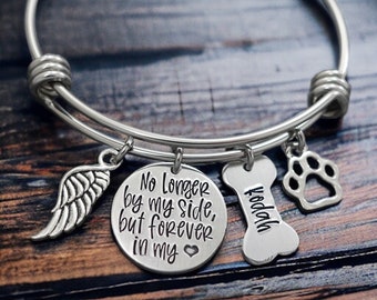 Pet Loss Memorial Jewelry Bracelet,  Personalized Dog Loss Bangle, No longer by my side, but forever in my heart, Loss of Pet Gift, Fur mama