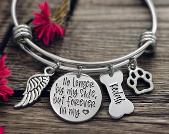 Charm Bracelet, Pet Loss Memorial Jewelry, Personalized Dog Loss Bangle, No longer by my side, but forever in my heart, Loss of Pet Gift