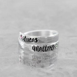 Stackable Personalized Ring, Birthstone Wrap Ring, Stacking Ring, Mother&#39;s Ring, Name Ring, Mom Grandma Ring, Adjustable, Skinny Ring