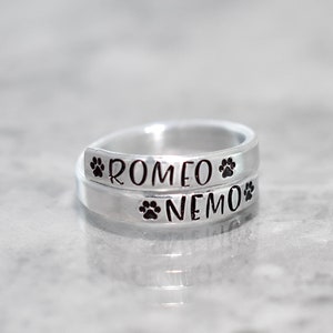 Stackable, Pet Personalized Ring, Stacking, Dog Cat Pet Ring, Adjustable Wrap Ring, Skinny Ring, Paw Print, Two Name Ring, Dog Cat Mom