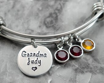 Charm Bracelet, Personalized Grandma Bracelet, Grandmother Birthstone Bangle Bracelet, Gift for Grandma, Mom, Mimi, Gram, Nana