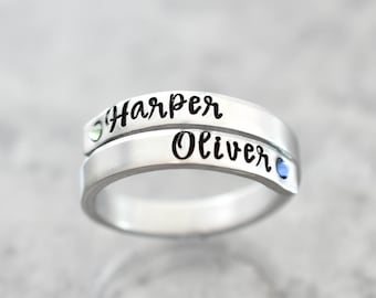 Personalized Wrap Ring, Mother's Ring, Birthstone Name Ring, Adjustable, Two Name Ring, Mom Grandma Ring, Anti-tarnish, Kids Name Ring