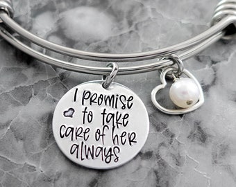 Wedding Charm Bracelet - Personalized Mother of the Bride Bracelet - Mother in Law Gift - Wire Bangle - I promise to take care of her always