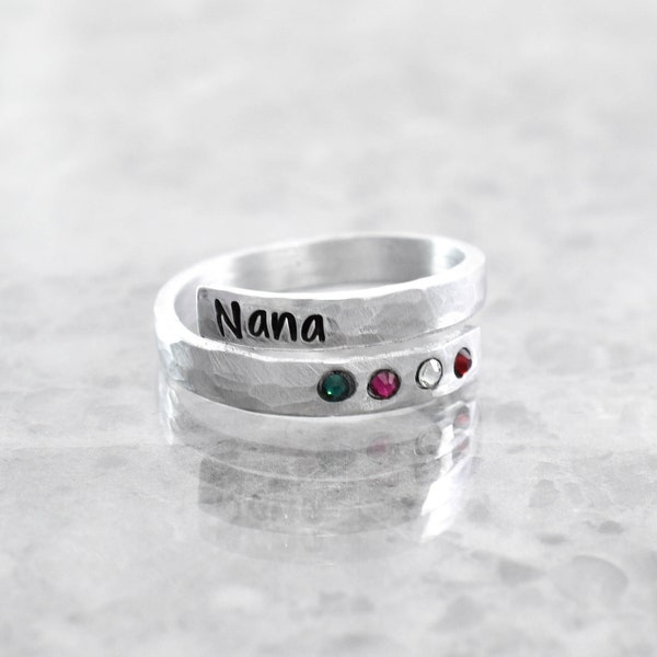 Personalized Birthstone Wrap Ring - Stacking Ring - Grandma Ring - Mom Nana Mimi Oma Gigi Name Ring - Anti-tarnish - Skinny Adjustable