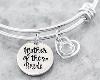 Mother of the Bride Bracelet, Personalized Wedding Gift, Wire Bangle, Mother of the Groom, MOB Gift, Mother Daughter, Charm Bracelet