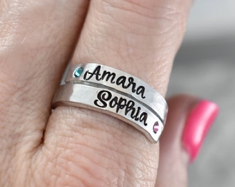 Personalized Birthstone Wrap Ring - Stacking Ring - Mother's Ring - Two Name Ring - Mom Grandma Ring - Anti-tarnish - Skinny Stacked Ring