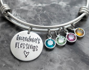 Personalized Grandma Bracelet, Charm Birthstone Bangle, Grandma's Blessings, Gift for Grandma, Grandmother Jewelry, Mimi Nana Gigi Oma Gift