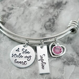 Personalized Mother Bracelet - Mother Daughter Jewelry - Charm Bracelet - Wire Bangle - She stole my heart - New Mom Grandma Gift