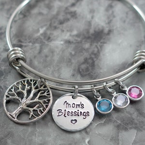 Charm Bracelet, Mom Bracelet, Mother Jewelry, Birthstone Bangle, Family Tree, Mom&#39;s Blessings, Personalized Charm Bracelet, Mom Gift