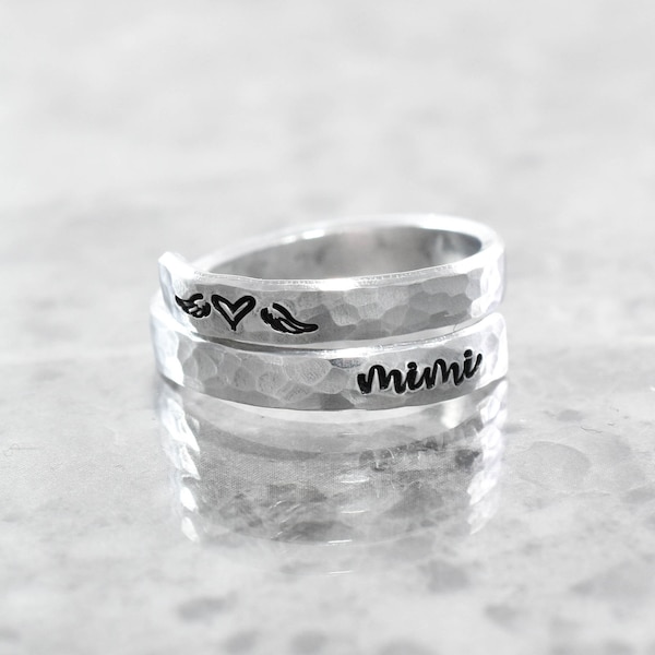 Personalized Memorial Ring, Wrap Ring, Stacking Ring, Angel Wings, Loss of Mimi Oma Grandma Mom Name Ring, Layering Ring, Sympathy Gift