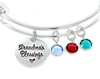 Personalized Grandma Bracelet, Mom Birthstone Charm bangle, Name Bracelet, Grandma's Blessings, Mom, Mimi, Gram, Nana, Mimi, Grammy