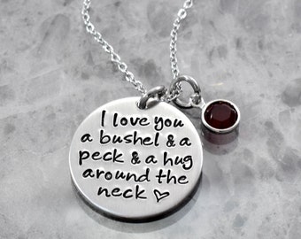 Mothers necklace, I love you a bushel and a peck and a hug around the neck, Personalized Gift for Mom, Charm Necklace, Grandma Necklace