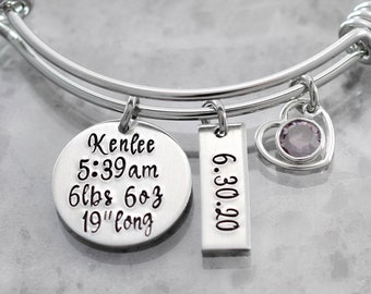 Personalized - Mother Bracelet - Birth Stats - Name and Birthstone - New Mom - Baby Gift - Hand Stamped Charm Bracelet