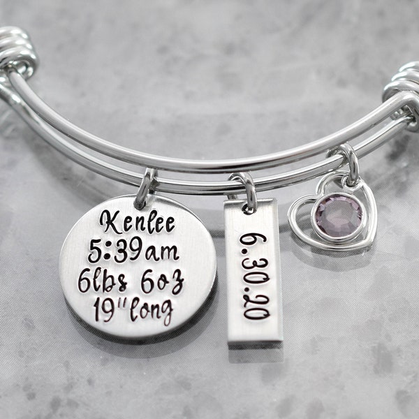 Personalized - Mother Bracelet - Birth Stats - Name and Birthstone - New Mom - Baby Gift - Hand Stamped Charm Bracelet