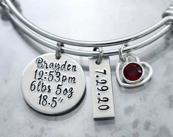 Personalized - Mother Bracelet - Birth Stats - Name and Birthstone - New Mom - Baby Gift - Hand Stamped Charm Bracelet