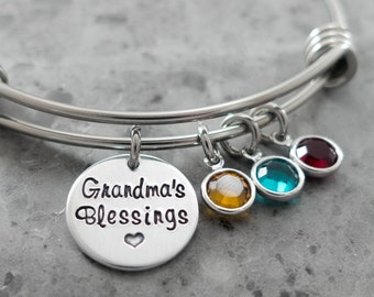 Grandma Bracelet, Mom Birthstone Charm bangle, Personalized Name Bracelet, Grandma's Blessings, Mom, Mimi, Gram, Nana, Mimi, Grammy Gift