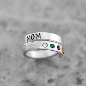 Mom Ring, Stackable, Personalized Birthstone Wrap Ring, Stacking, Mother Ring, Mom Nana Mimi Oma Gigi Name Ring, Skinny Adjustable, Gift Mom