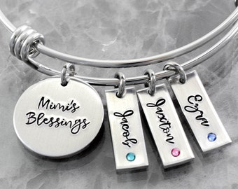 Personalized Grandma Bracelet, Name Birthstone Bangle, Mimi's Blessings, Layering, Stacking, Grandma Nana Gigi Oma Gift, Grandkids