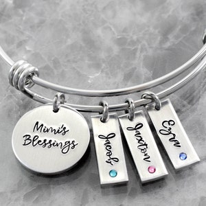 Personalized Grandma Bracelet, Name Birthstone Bangle, Mimi's Blessings, Layering, Stacking, Grandma Nana Gigi Oma Gift, Grandkids image 1