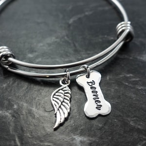 Personalized Pet Loss Remembrance Bangle, Charm Bracelet, Cat Dog Loss, Memorial Jewelry for Pets, Sympathy