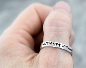 Scripture Ring, Cross Ring, Bible Verse Ring, Faith Ring, Skinny Stacking Ring, Joshua 1:9, Inspirational Ring, Minimalist, Be Strong