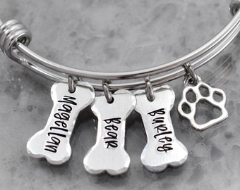 Personalized Dog Bracelet - Dog Mom Bangle Bracelet - Dog Jewelry - Paw Print - Pet Memorial - Angel Wing - Dog Bone Charm - Pet Gift