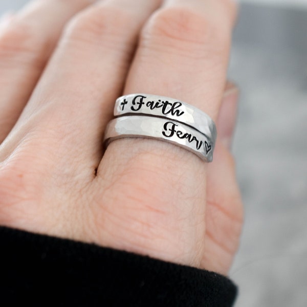 Faith over Fear Ring, Cross Ring, Inspirational Motivational Jewelry, Adjustable Wrap Ring, Christian Ring, Minimalist, Skinny, Gift