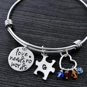 Personalized Autism Bracelet, Puzzle Piece Charm Bangle, Love Needs No Words, Autism Awareness Bracelet, Wire Bangle