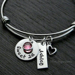Sweet 16 -  Sweet 16 Bracelet  -  Wire Bangle Bracelet  -  Sweet 16 Gift  -  Personalized  -  Charm Bracelet  -  Hamd Stamped