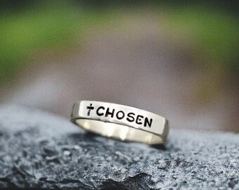 Chosen, Christian Ring, Cross, Custom Word Ring, 1 Peter 2:9, Personalized, Stacking Ring, Heart, Inspirational Self Love, Faith Love Hope