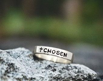 Chosen, Christian Ring, Cross, Custom Word Ring, 1 Peter 2:9, Personalized, Stacking Ring, Heart, Inspirational Self Love, Faith Love Hope