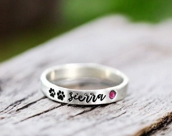 Pet Name Ring, Dog Mom Tiny Paw Print, Personalized, Cat Mom, Skinny Stackable, Name Birthstone, Dog Cat Ring, Fur Mama, Paw Print Ring