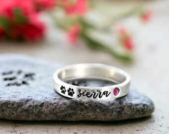 Pet Name Ring, Dog Mom Tiny Paw Print, Personalized, Cat Mom, Skinny Stackable, Name Birthstone, Dog Cat Ring, Fur Mama, Paw Print Ring